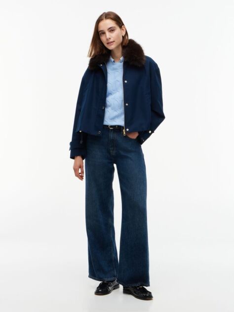 Blue Faux Fur Collar Oversized Bomber Jacket  Women