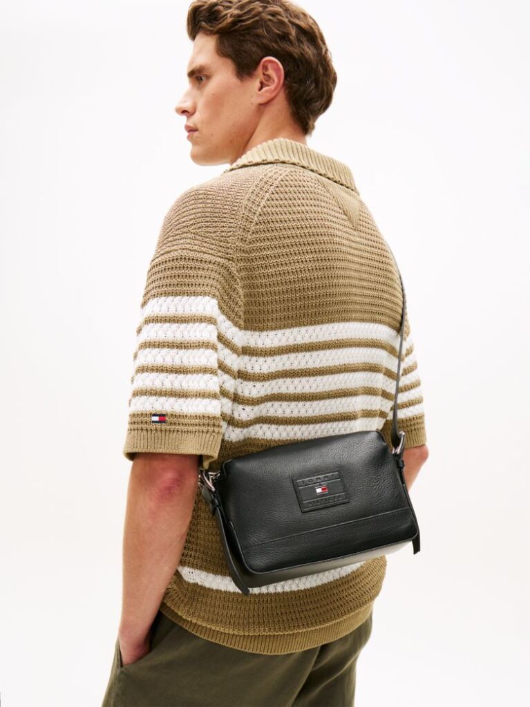 Black Pebble Grain Leather Crossbody Bag  Men