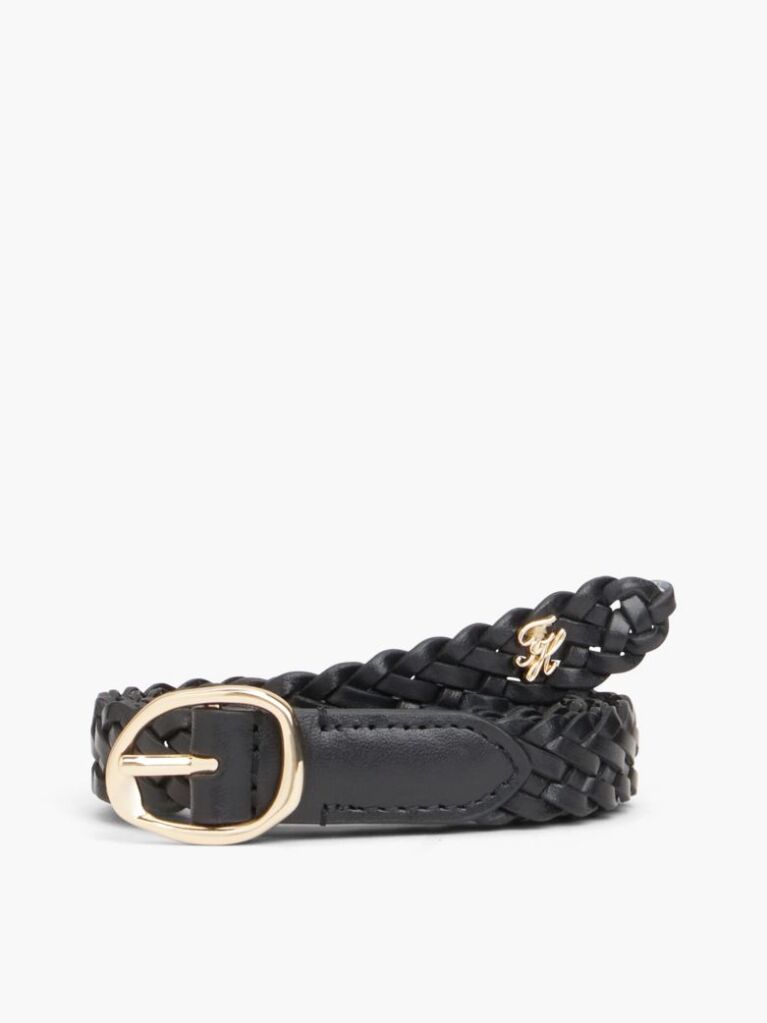 Black Sculpted Buckle Braided Leather Belt  Women