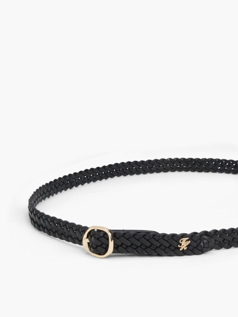 Black Sculpted Buckle Braided Leather Belt  Women
