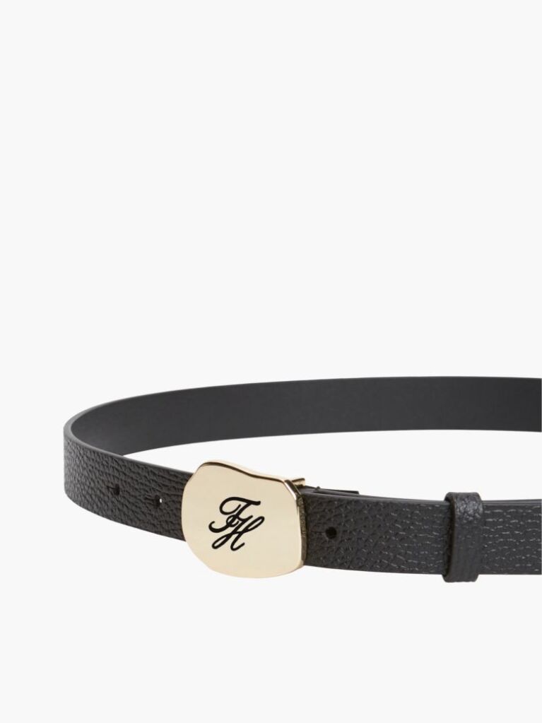 Black Pebble Grain Leather Logo Plaque Belt  Women