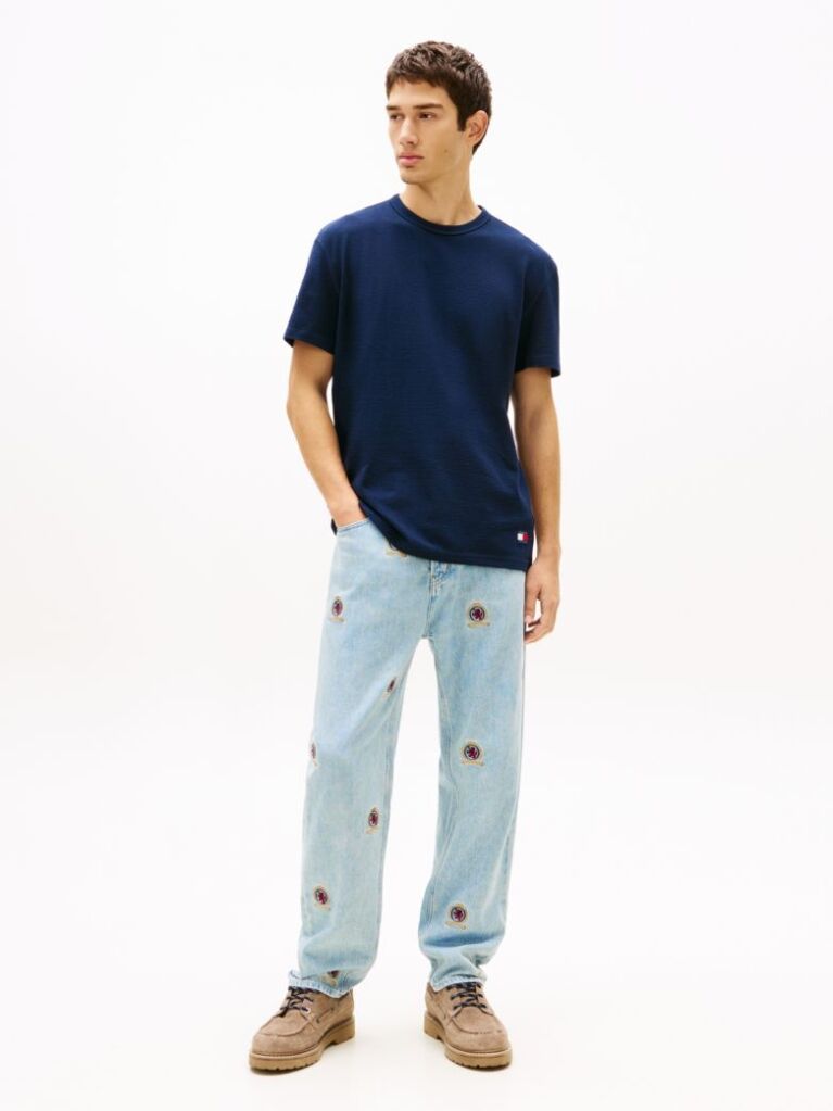 Μπλε Slim T-Shirt Με Waffle Πλέξη Και Λογότυπο  Άνδρες