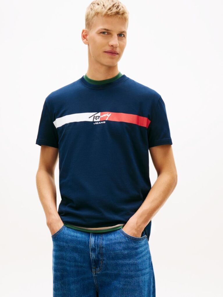 Μπλε Βαμβακερό T-Shirt Με Signature Λογότυπο  Άνδρες