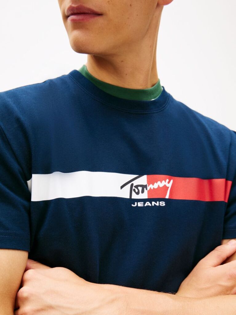 Μπλε Βαμβακερό T-Shirt Με Signature Λογότυπο  Άνδρες