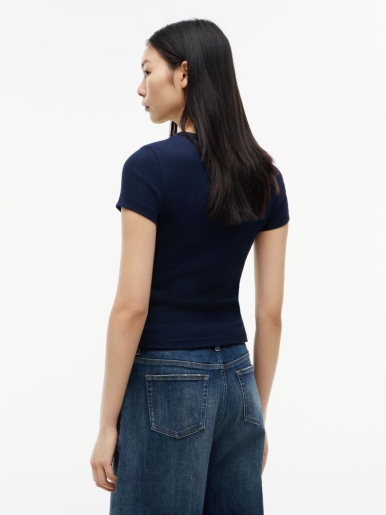 Μπλε Κοντομάνικο T-Shirt Ριμπ Σε Slim Γραμμή  Γυναίκες