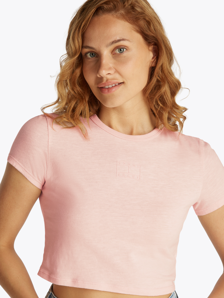 Ροζ T-Shirt Σε Slim Γραμμή Με Tonal Σημαία  Γυναίκες