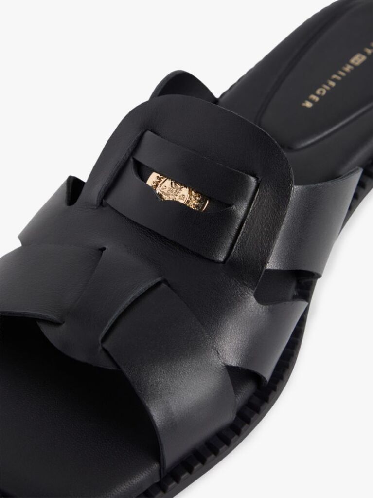 Black Leather Crest Square Toe Sandals  Women