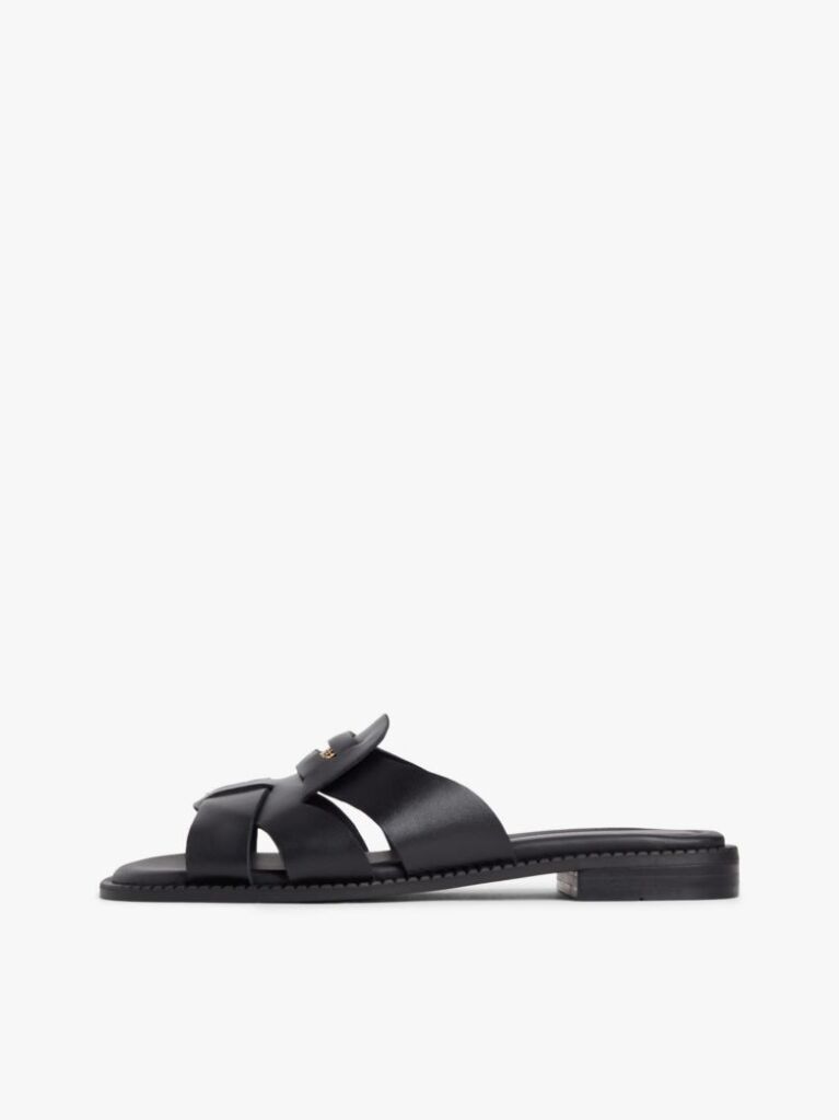 Black Leather Crest Square Toe Sandals  Women
