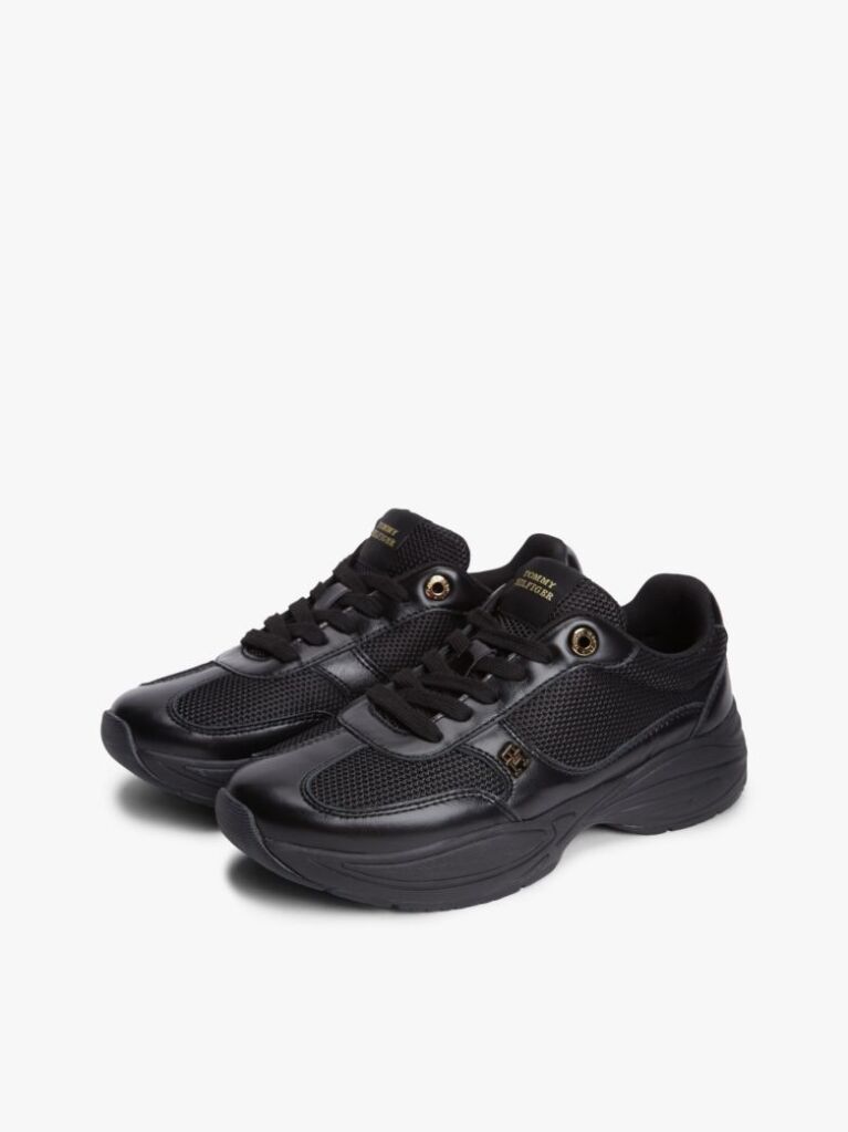 Μαύρο Δερμάτινα Sneakers Mε Μονόγραμμα TH Και Μίξη Υφών  Γυναίκες