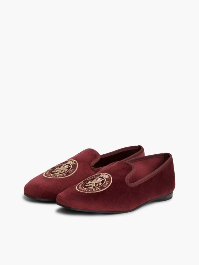 Red Crest Velour Loafer Slippers  Women
