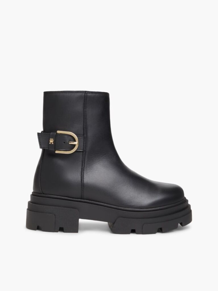 Black Chunky Cleat Leather Ankle Boots  Women