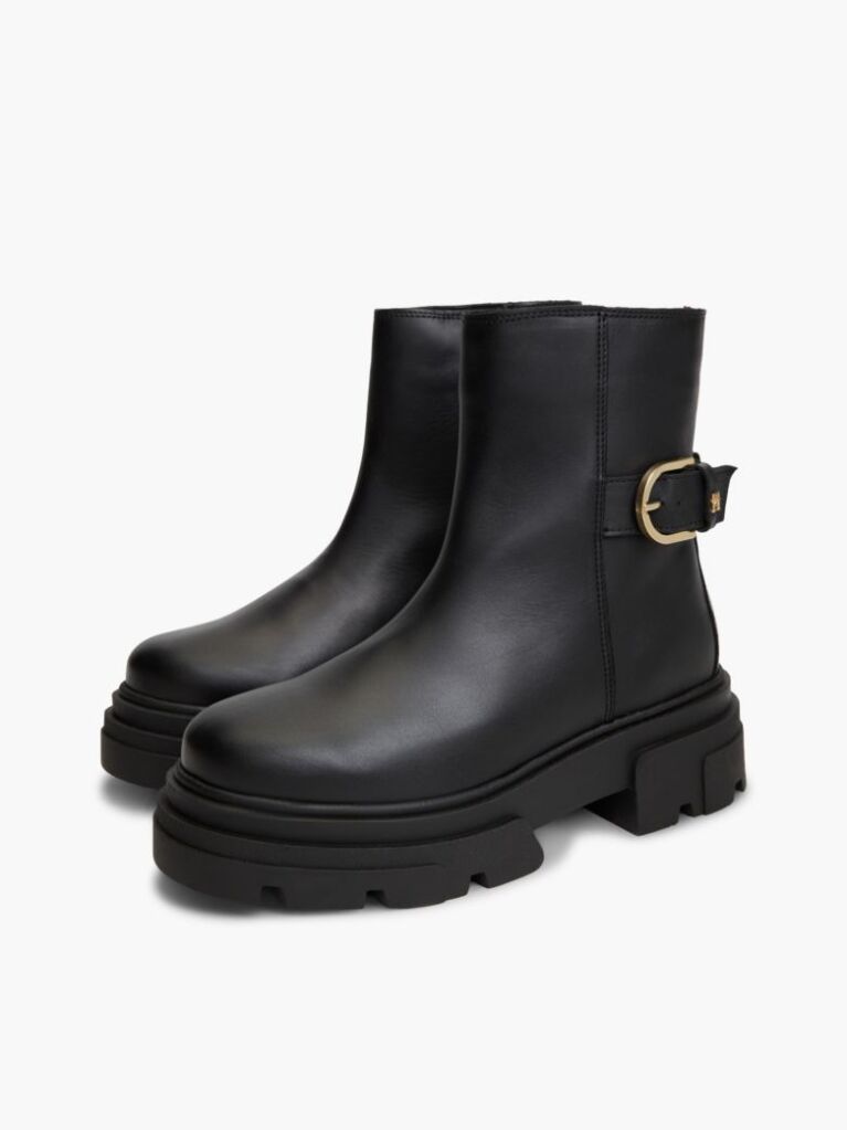Black Chunky Cleat Leather Ankle Boots  Women