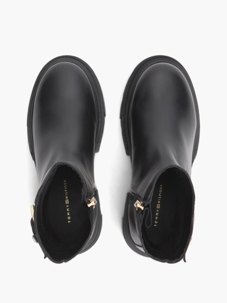Black Chunky Cleat Leather Ankle Boots  Women