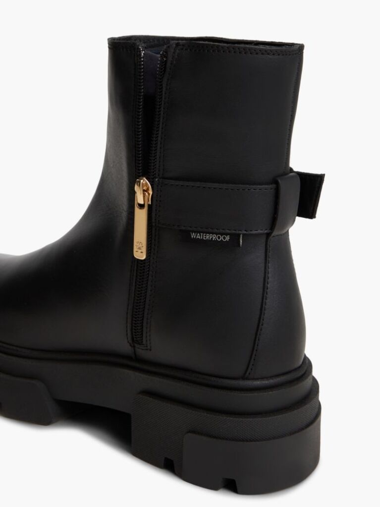 Black Chunky Cleat Leather Ankle Boots  Women