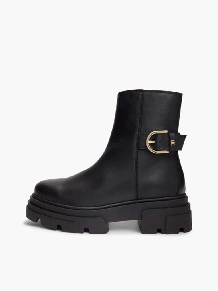 Black Chunky Cleat Leather Ankle Boots  Women