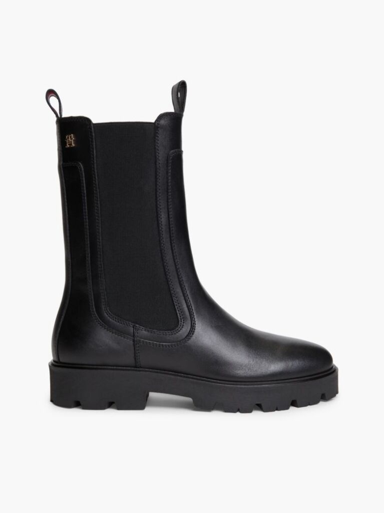 Black Leather Cleat High Chelsea Boots  Women