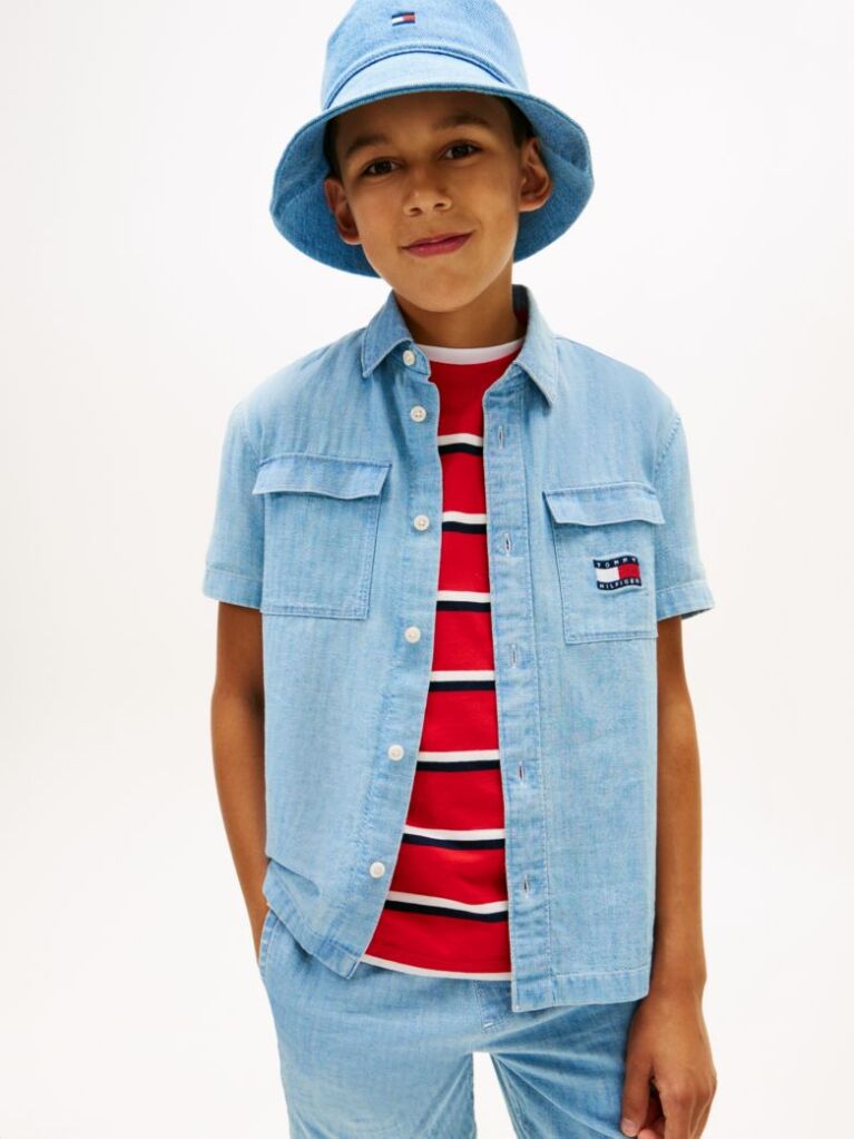 Denim Wavy Flag Short Sleeve Denim Shirt  Boys