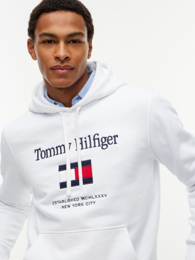 White Logo Embroidery Flex Fleece Hoody  Men