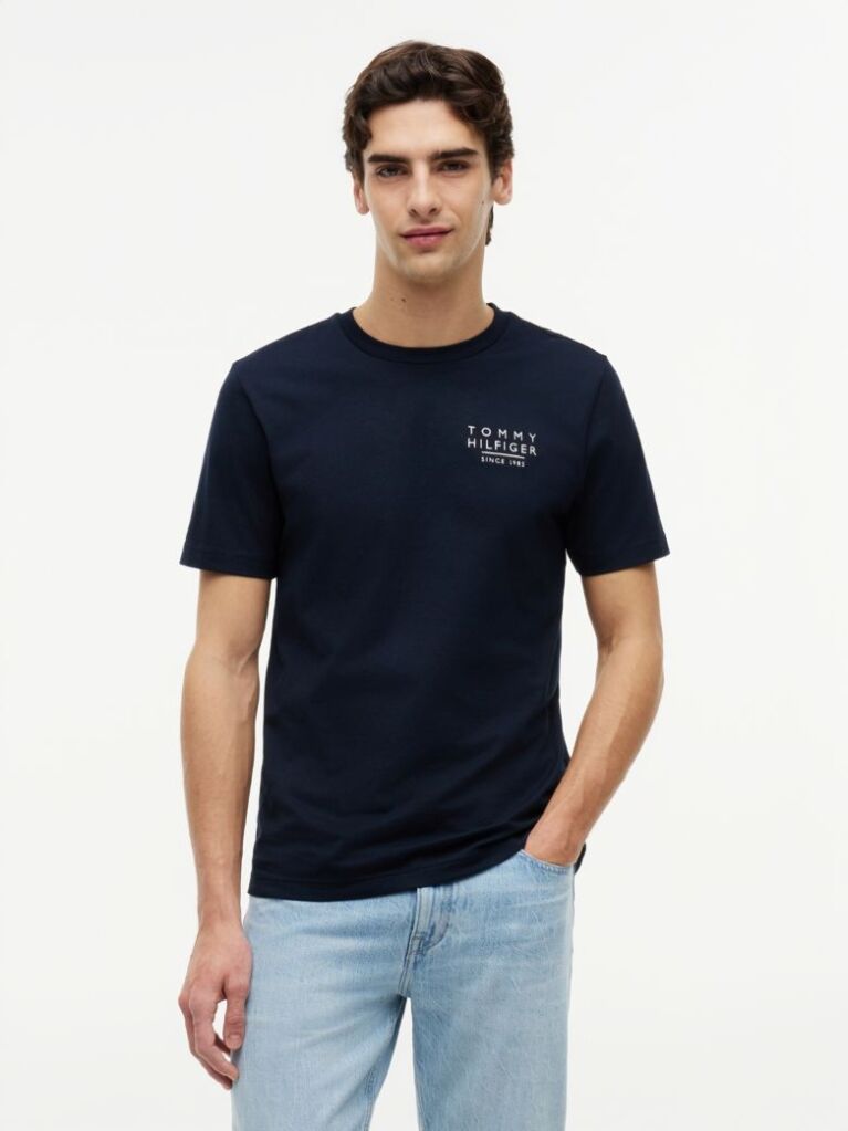 Μπλε Βαμβακερό T-Shirt Με Wavy Πίσω Σημαία  Άνδρες