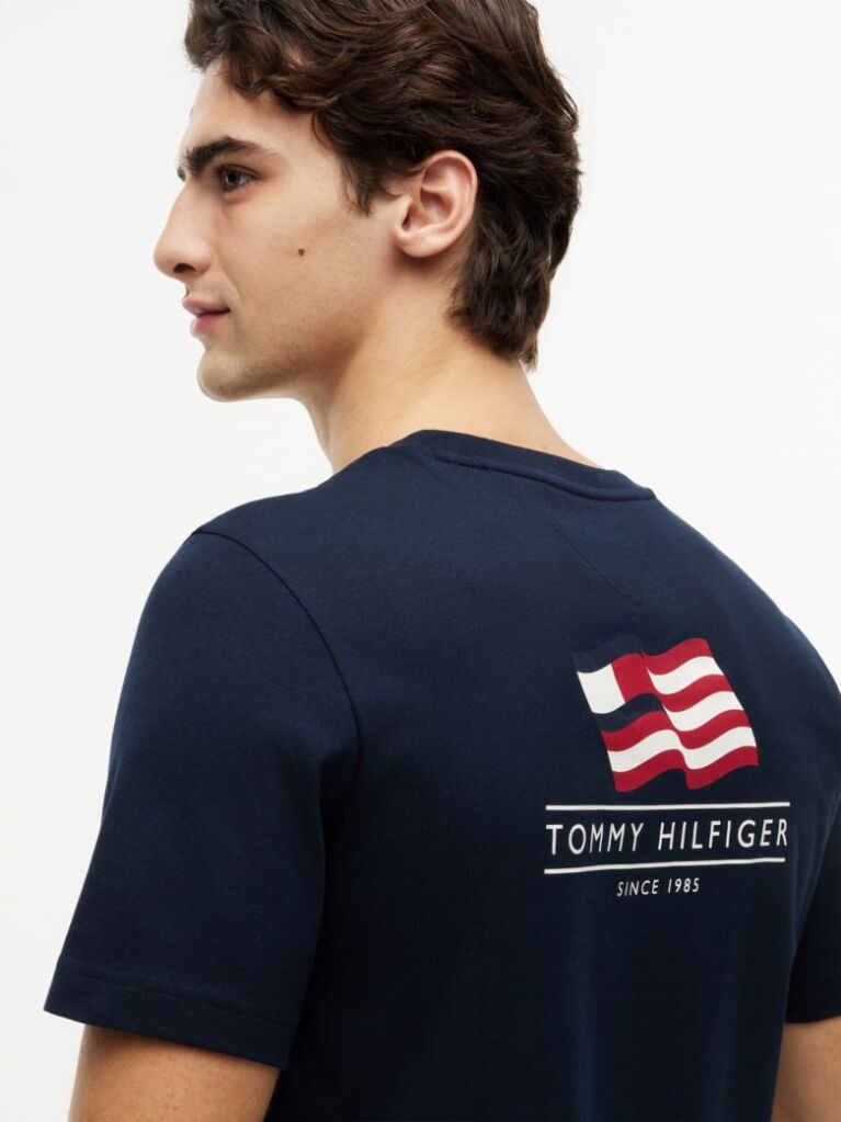 Μπλε Βαμβακερό T-Shirt Με Wavy Πίσω Σημαία  Άνδρες