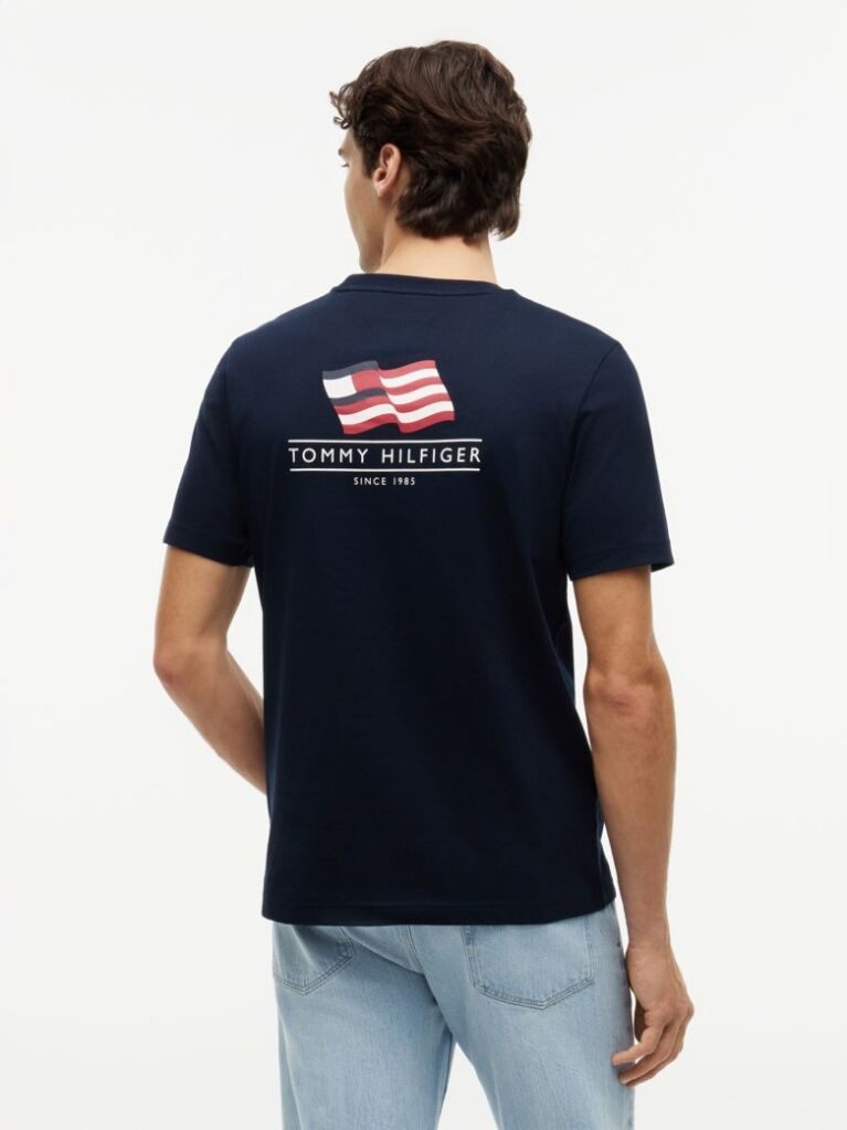 Μπλε Βαμβακερό T-Shirt Με Wavy Πίσω Σημαία  Άνδρες