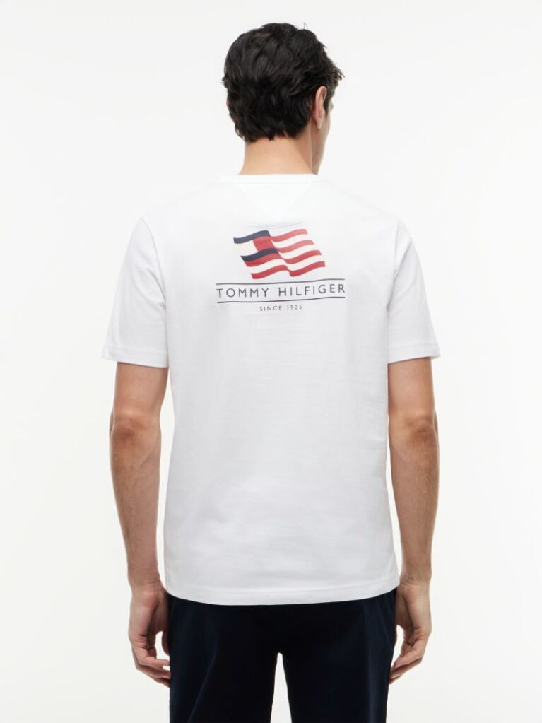 Άσπρο Βαμβακερό T-Shirt Με Wavy Πίσω Σημαία  Άνδρες