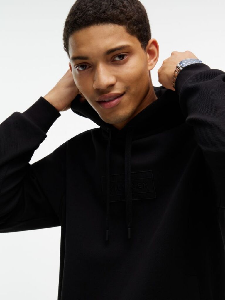Black Logo Mixed Texture Twill Hoody  Men