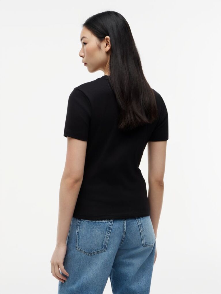 Μαύρο Ριμπ T-Shirt Σε Slim Γραμμή Με Κεντητό Σημαιάκι  Γυναίκες