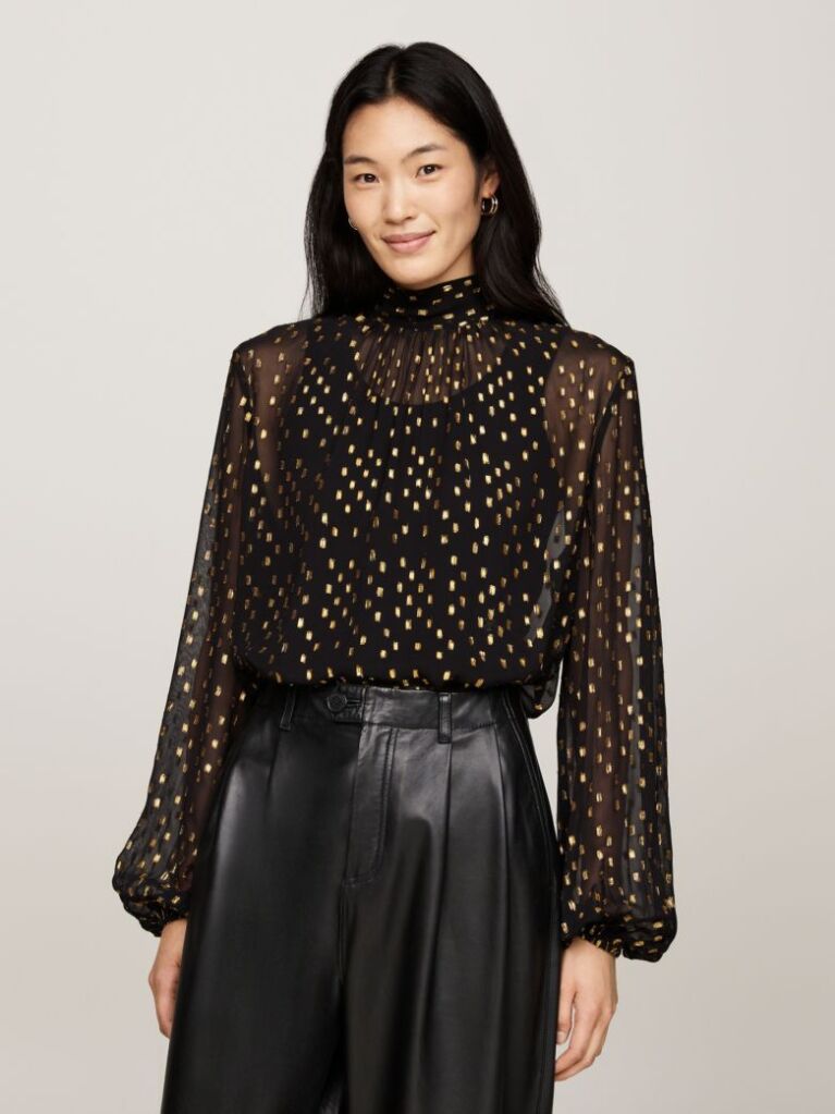 Black Metallic Embroidery Relaxed Sheer Blouse  Women
