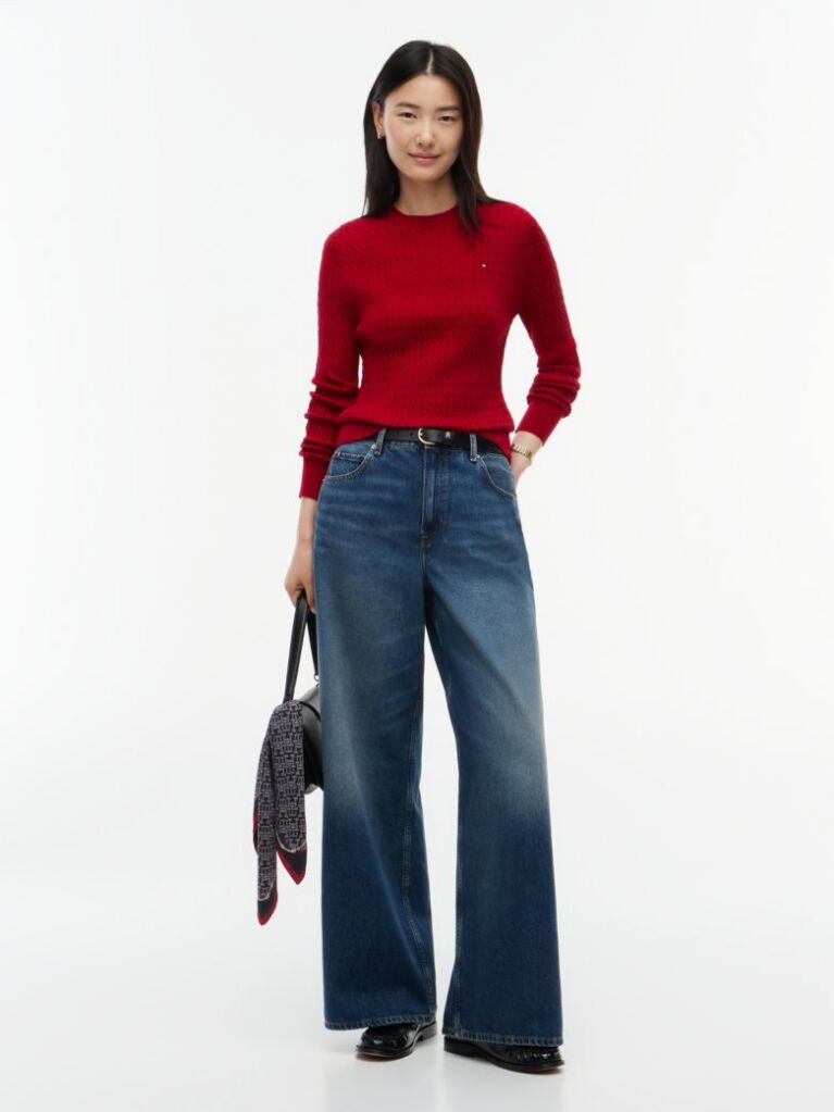 Red Fine Cable Knit Jumper  Women