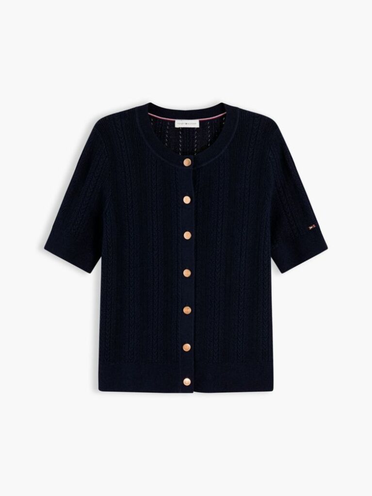Blue Pointelle Gold-Tone Button Short Sleeve Cardigan  Women