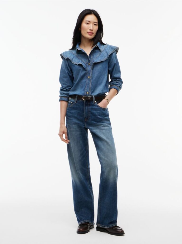 Blue Regular Fit Ruffle Denim Shirt  Women