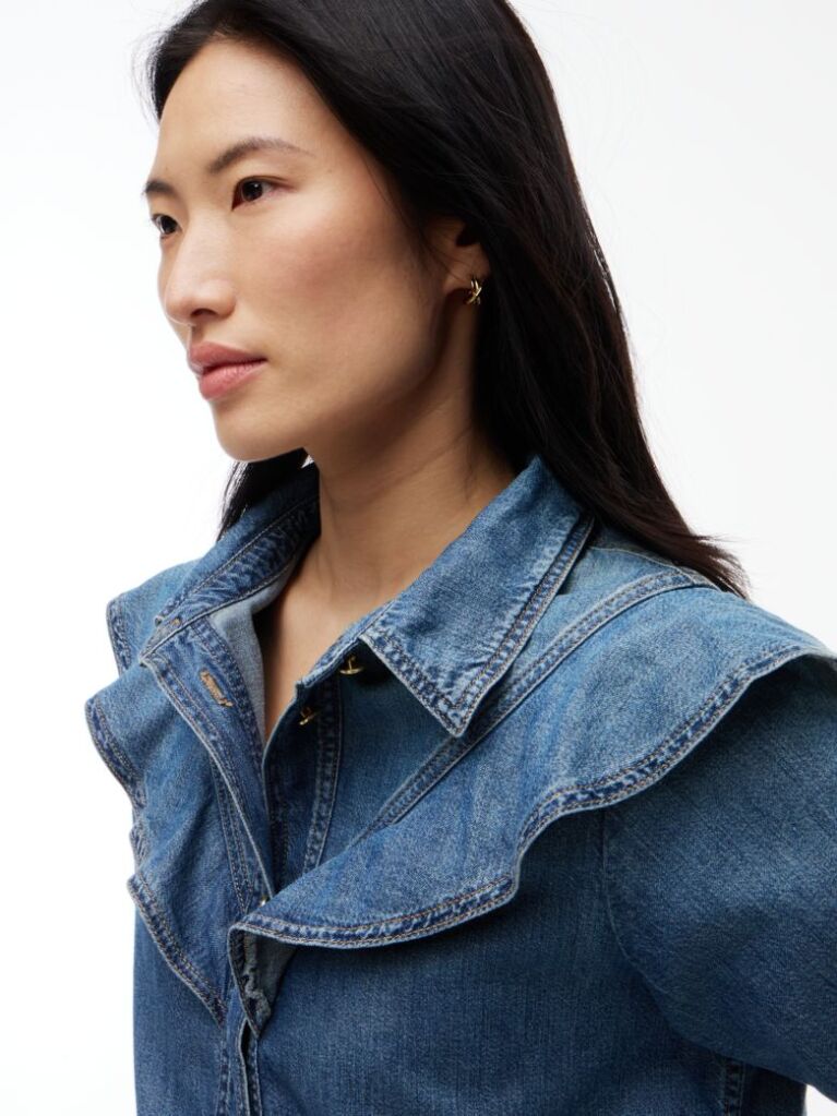 Blue Regular Fit Ruffle Denim Shirt  Women