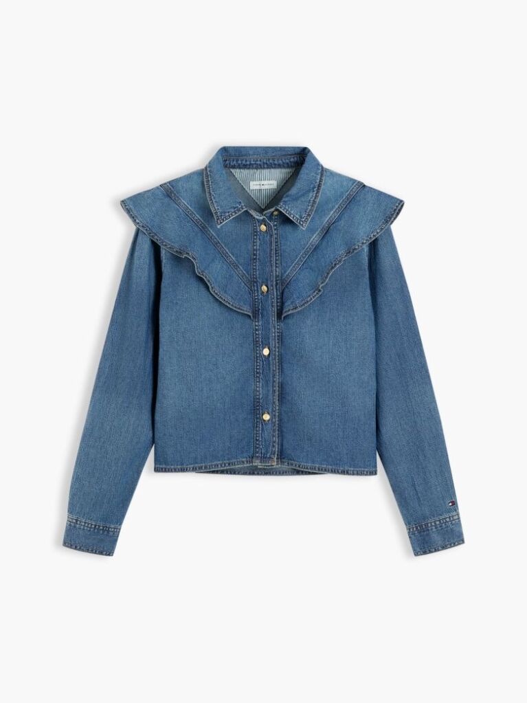 Blue Regular Fit Ruffle Denim Shirt  Women