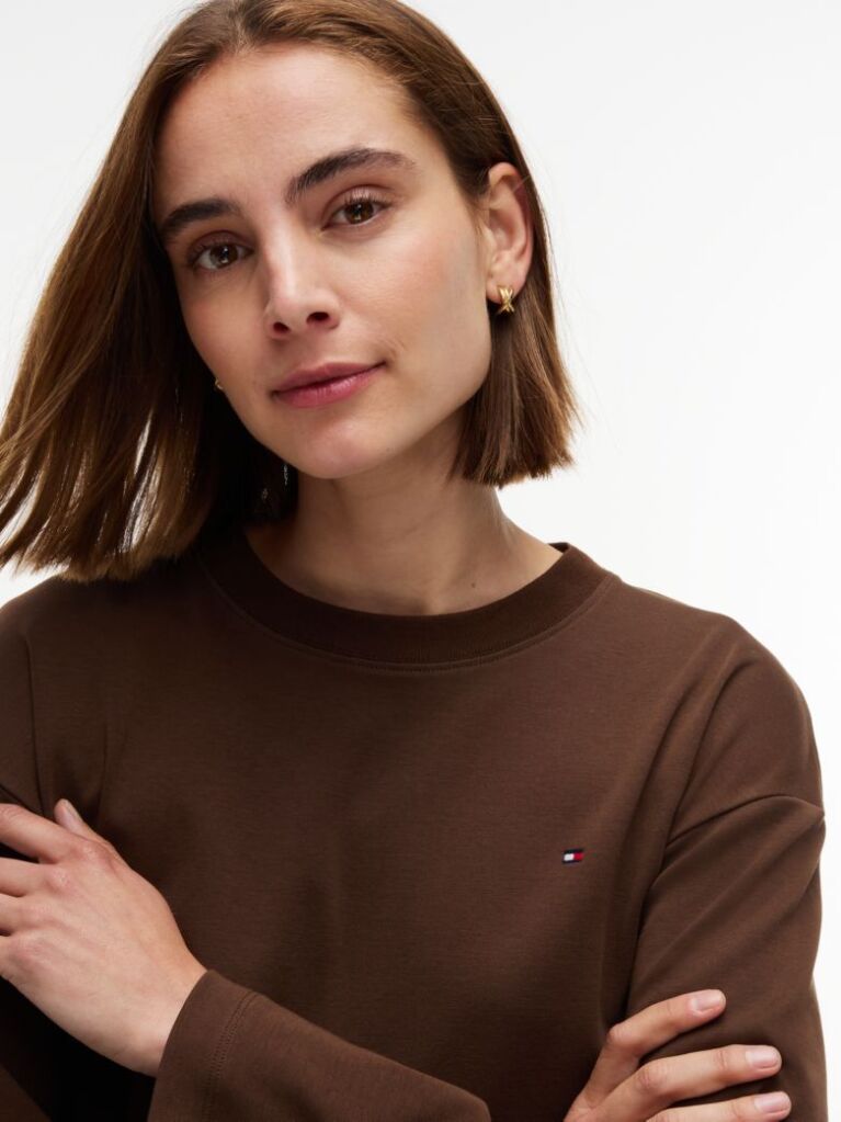 Καφέ Άνετο Μακρυμάνικο T-Shirt Με Interlock Πλέξη  Γυναίκες