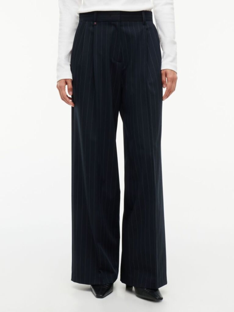 Blue Pleated Twill Wide Leg Trousers  Women