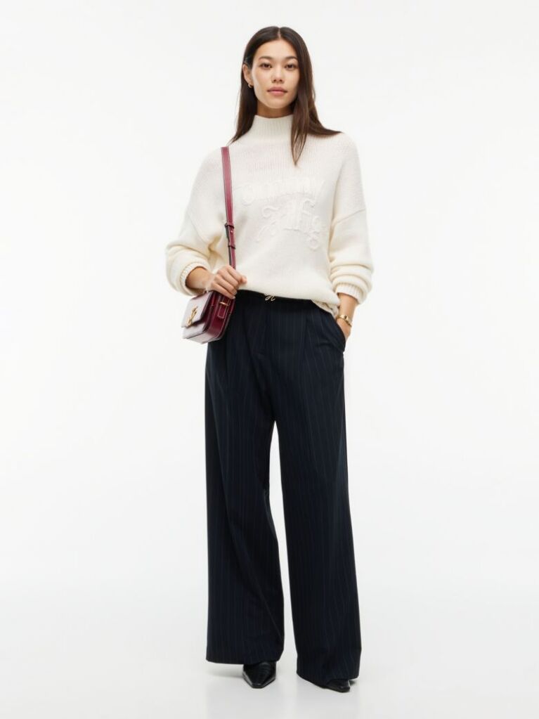 Blue Pleated Twill Wide Leg Trousers  Women