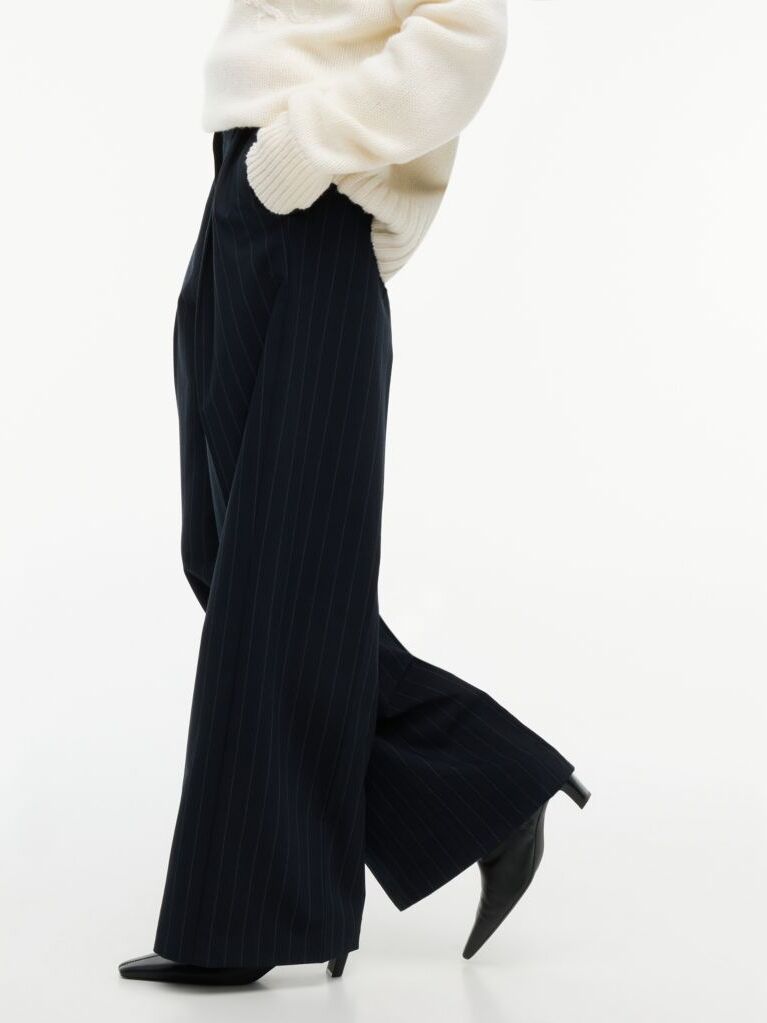 Blue Pleated Twill Wide Leg Trousers  Women