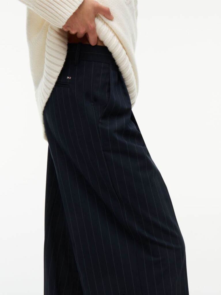 Blue Pleated Twill Wide Leg Trousers  Women