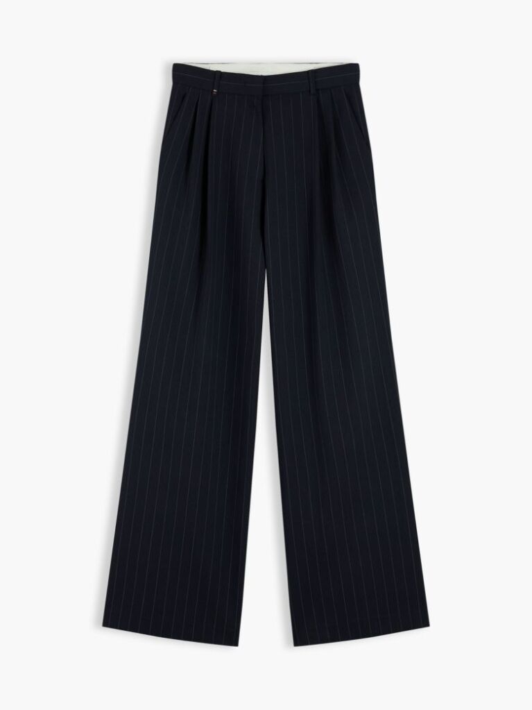 Blue Pleated Twill Wide Leg Trousers  Women