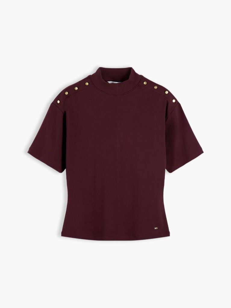 Red Gold-Tone Button Mock Neck T-Shirt  Women