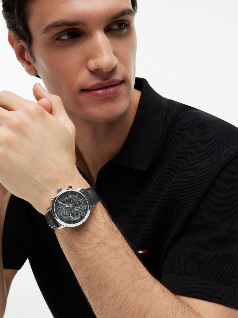Black Black Ionic-Plated Leather Strap Watch  Men