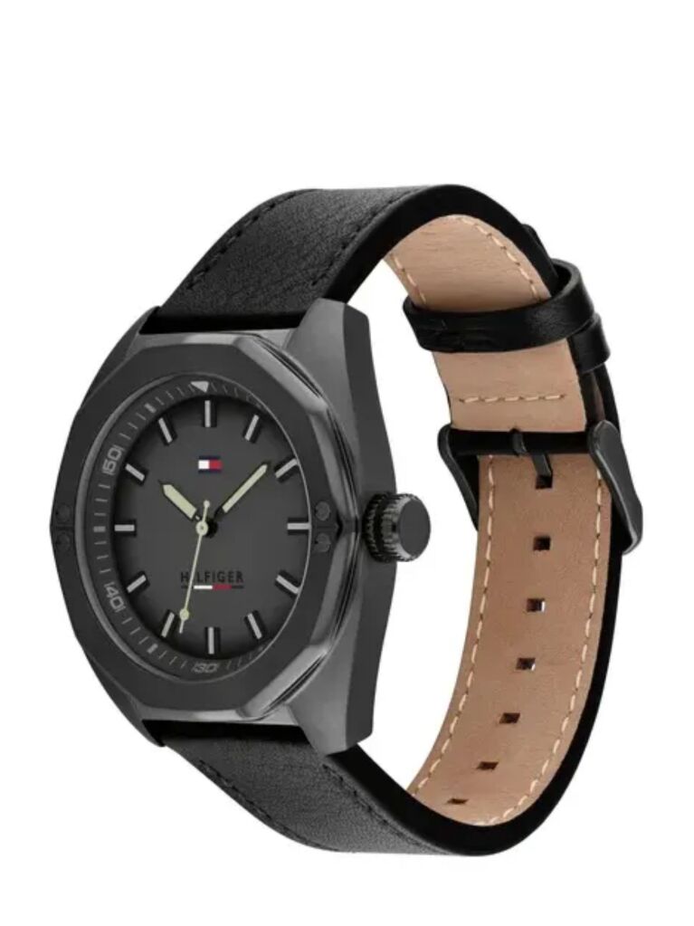 Grey Grey Dial Black Leather Strap Watch  Men