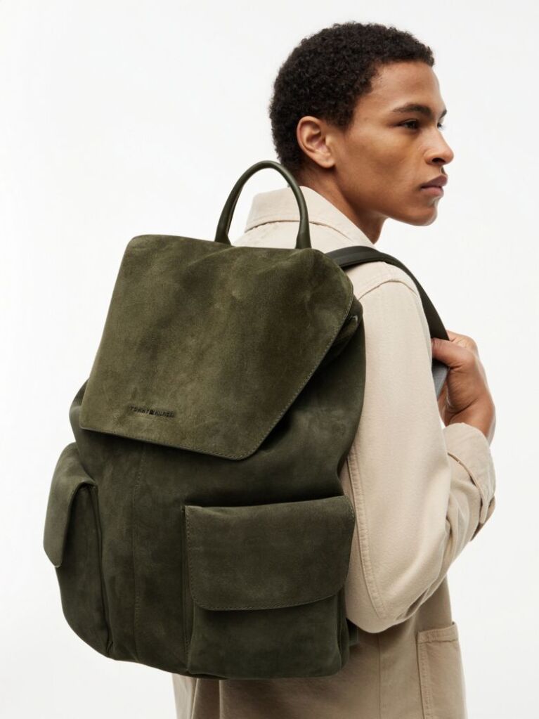 Green Soft Suede Logo Flap Backpack  Men