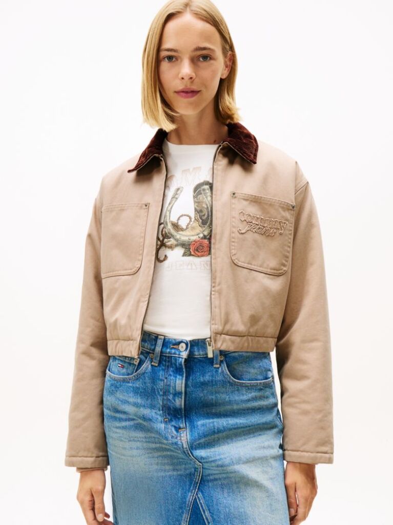 Μπεζ Cropped Τζάκετ Με Appliqué Λογότυπο Και Επένδυση  Γυναίκες