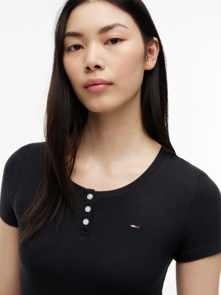 Μαύρο Henley T-Shirt Σε Στενή Γραμμή  Γυναίκες