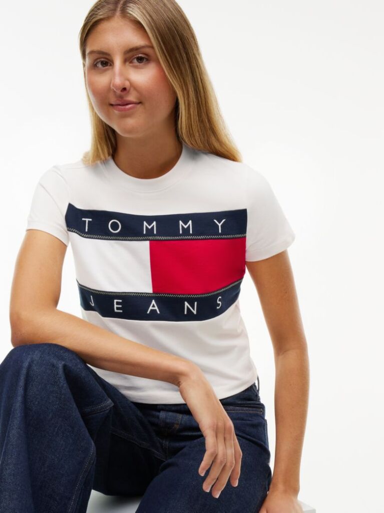 Άσπρο T-Shirt Με Λογότυπο Σημαίας  Γυναίκες