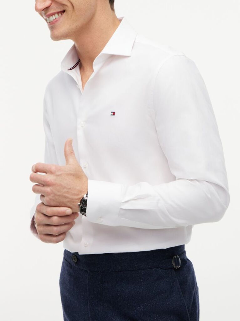 White Slim Fit Flag Embroidery Dobby Shirt  Men