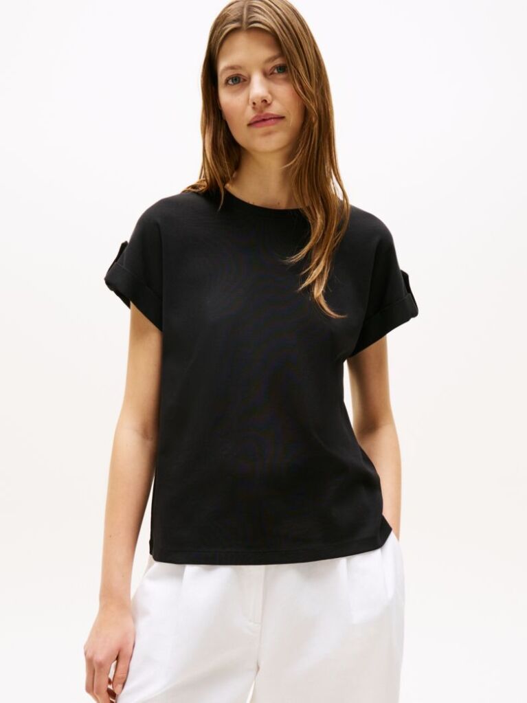 Μαύρο T-Shirt Με Στρογγυλή Λαιμόκοψη Και Χρυσό Κουμπί  Γυναίκες