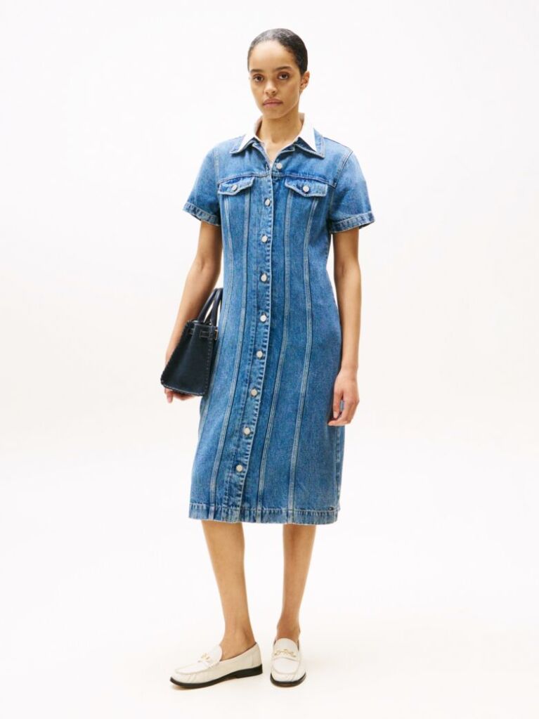 Μπλε ΚοντομάνικοDenim Φόρεμα Midi Σε Στιλ Πουκαμίσα  Γυναίκες